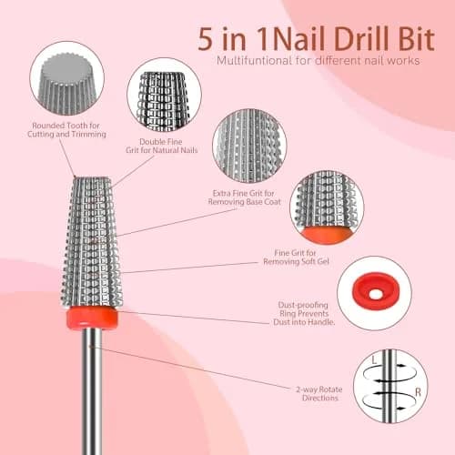 SQULIGT 5-in-1 Tungsten Carbide Nail Drill Bit Set (Fine Grit) | Professional Efile Bit for Acrylics & Gels thumbnail 2