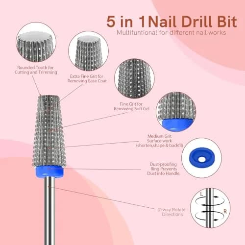 SQULIGT 5 in 1 Tungsten Carbide Nail Drill Bit Medium Silver | Professional Manicure & Pedicure Tool thumbnail 2