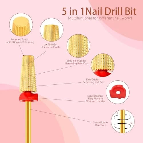 SQULIGT 5 in 1 Tungsten Carbide Nail Drill Bit Fine Grit Golden | Two-Way Rotation 3/32" Shank thumbnail 2