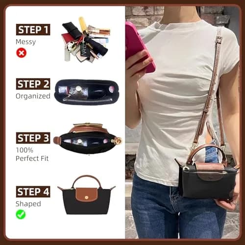 Doxo Felt Purse Organizer Insert for Longchamp Le Pliage Mini XS Bag, Black | 16cm (6.1"W) x 5cm (1.9"D) x 9cm (3.5"H) thumbnail 6
