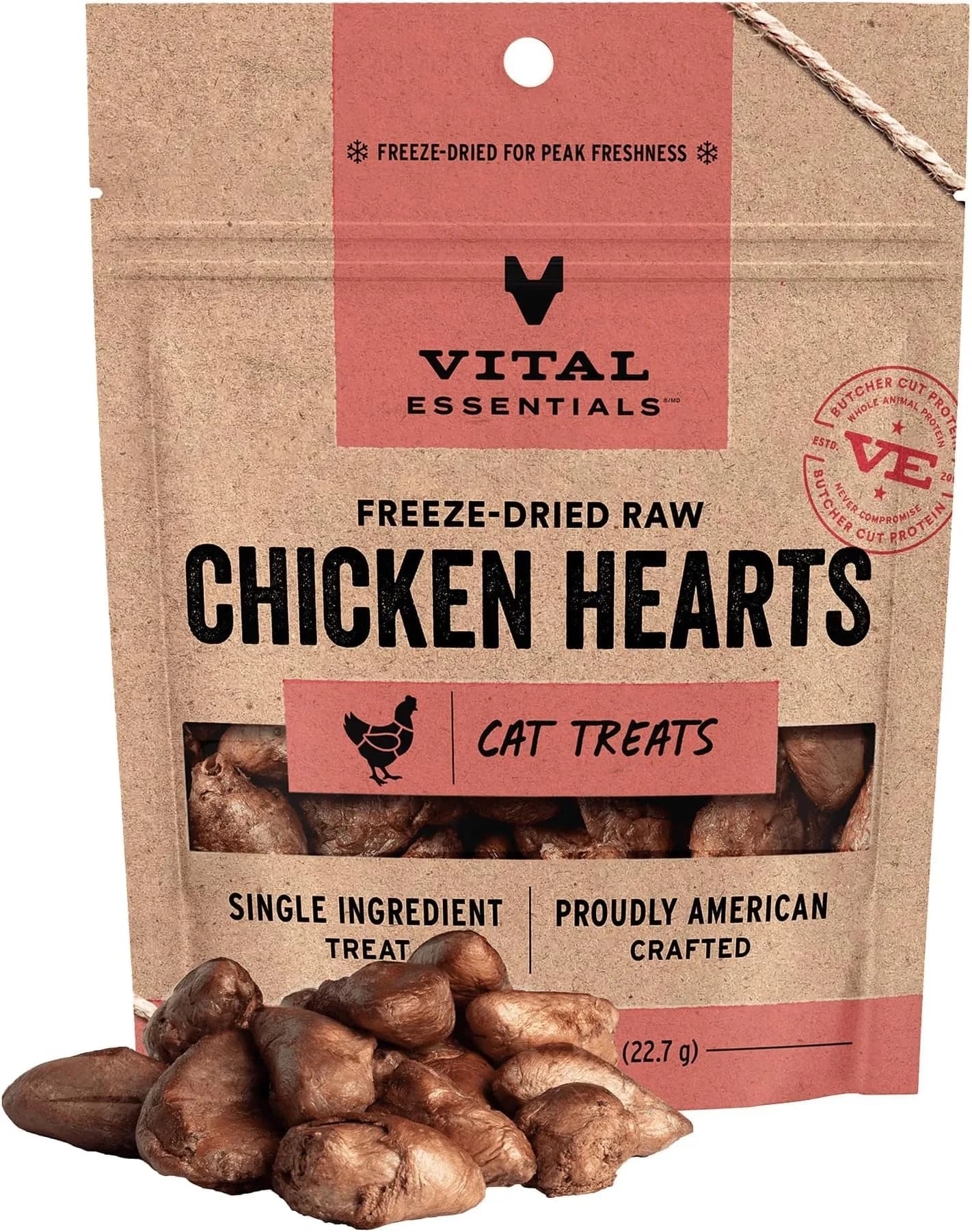 Vital Essentials Freeze Dried Raw Chicken Hearts Cat Treats 0.8 oz (22.7 g) | High Protein Single Ingredient Snack — New Packaging