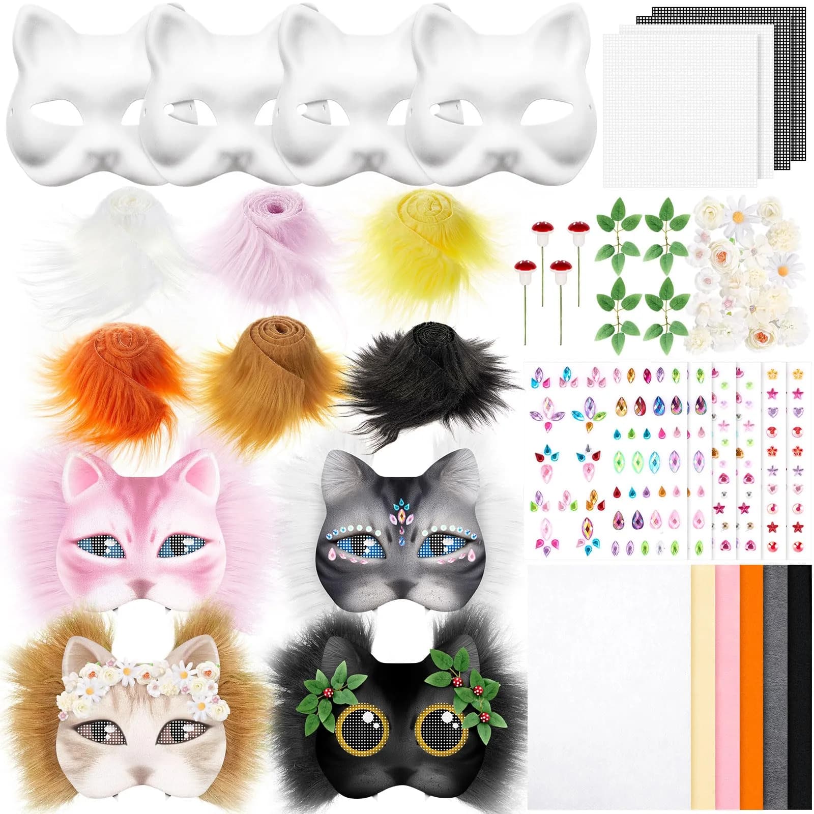 Seenelling 31 Pcs DIY Therian Mask Kit, Blank Cat Mask, Cream | Unisex Adult Costume Mask — White