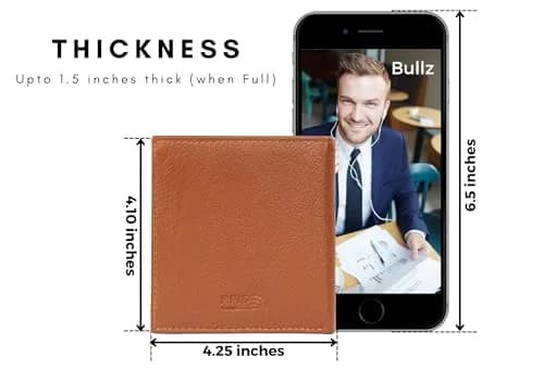 Bullz Genuine Cow Leather Thick Dual Credit Card Wallet | RFID Bifold Large Men’s Wallet (Tan) thumbnail 7