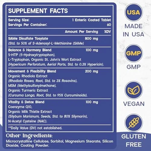 Enerlix SAM-e Supplement with CoQ10 & 5-HTP | 60 Tablets | Enteric Coated for Better Absorption thumbnail 2