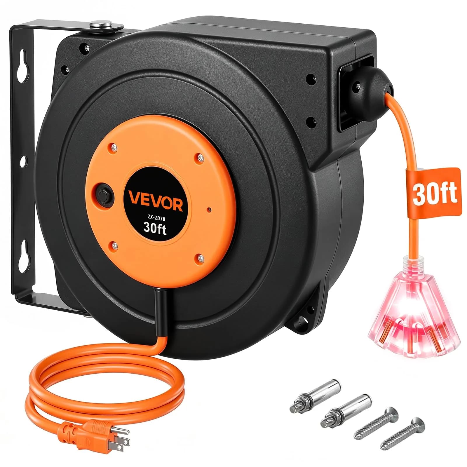 VEVOR 30FT Retractable Extension Cord Reel 9.14m (30ft) | Heavy Duty 16AWG SJTOW Cord with 10A Circuit Breaker - main product image