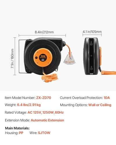 VEVOR 30FT Retractable Extension Cord Reel 9.14m (30ft) | Heavy Duty 16AWG SJTOW Cord with 10A Circuit Breaker thumbnail 7