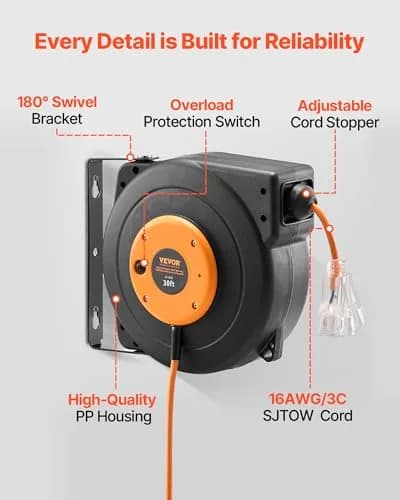 VEVOR 30FT Retractable Extension Cord Reel 9.14m (30ft) | Heavy Duty 16AWG SJTOW Cord with 10A Circuit Breaker thumbnail 3