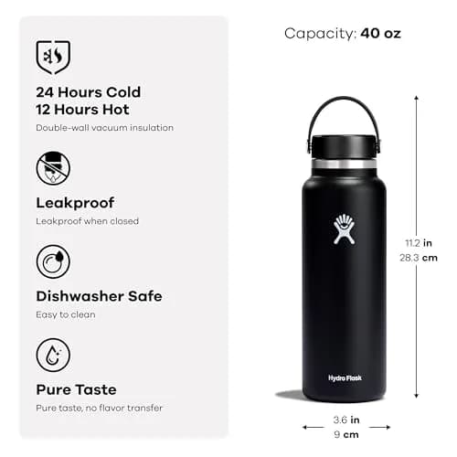 Hydro Flask Water Bottle - Insulated Stainless Steel - Wide Mouth Flex Lid, Leakproof, 40 Oz | Keeps Drinks Cold 24H & Hot 12H thumbnail 6