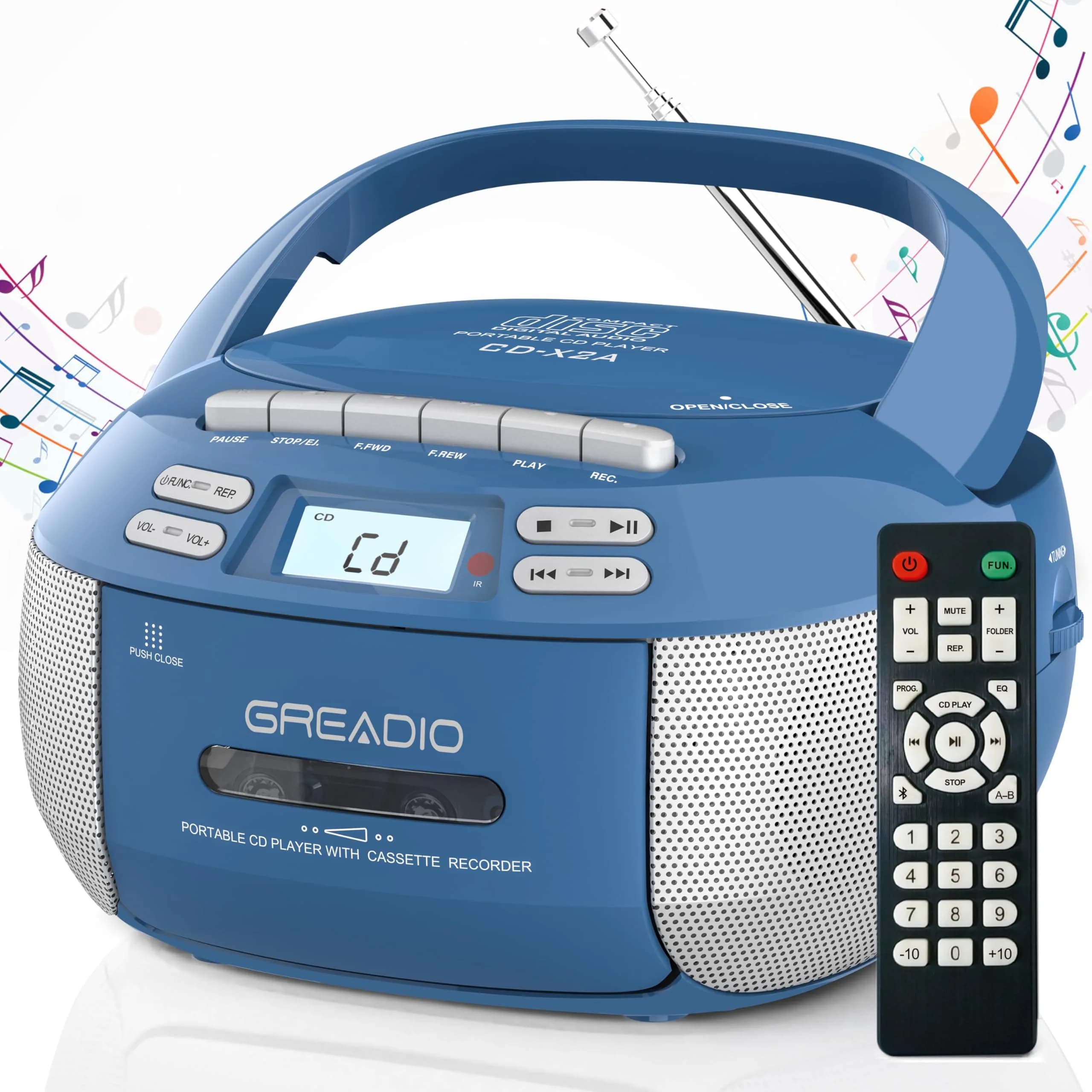 Greadio Boombox CD and Cassette Player Combo with Bluetooth, AM/FM Radio, USB, AUX, 15W Stereo Speakers, Blue | Relive Music Nostalgia with Modern Tech