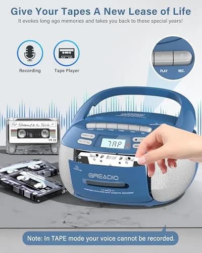 Greadio Boombox CD and Cassette Player Combo with Bluetooth, AM/FM Radio, USB, AUX, 15W Stereo Speakers, Blue | Relive Music Nostalgia with Modern Tech thumbnail 4