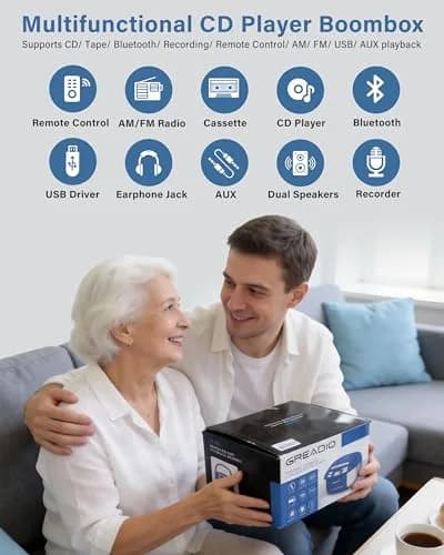 Greadio Boombox CD and Cassette Player Combo with Bluetooth, AM/FM Radio, USB, AUX, 15W Stereo Speakers, Blue | Relive Music Nostalgia with Modern Tech thumbnail 2