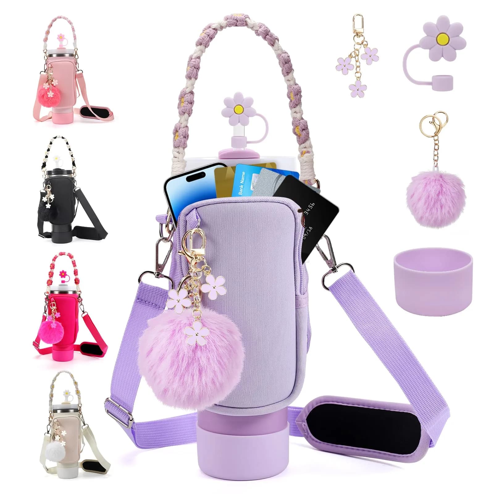 3tyto Stanley Cup Accessories Set - Bohemian Style Carrier Bag, Boot, Straw Cover & Charms for 40oz/30oz Tumblers | 6-Piece Value Pack — Purple