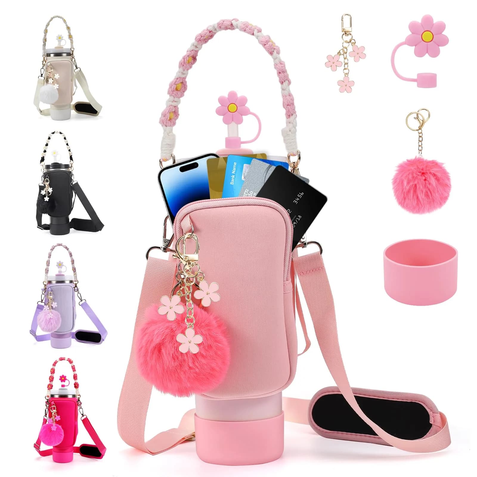 3tyto Stanley Cup Accessories Set - Bohemian Style Carrier Bag, Boot, Straw Cover & Charms for 40oz/30oz Tumblers | 6-Piece Value Pack — Pink