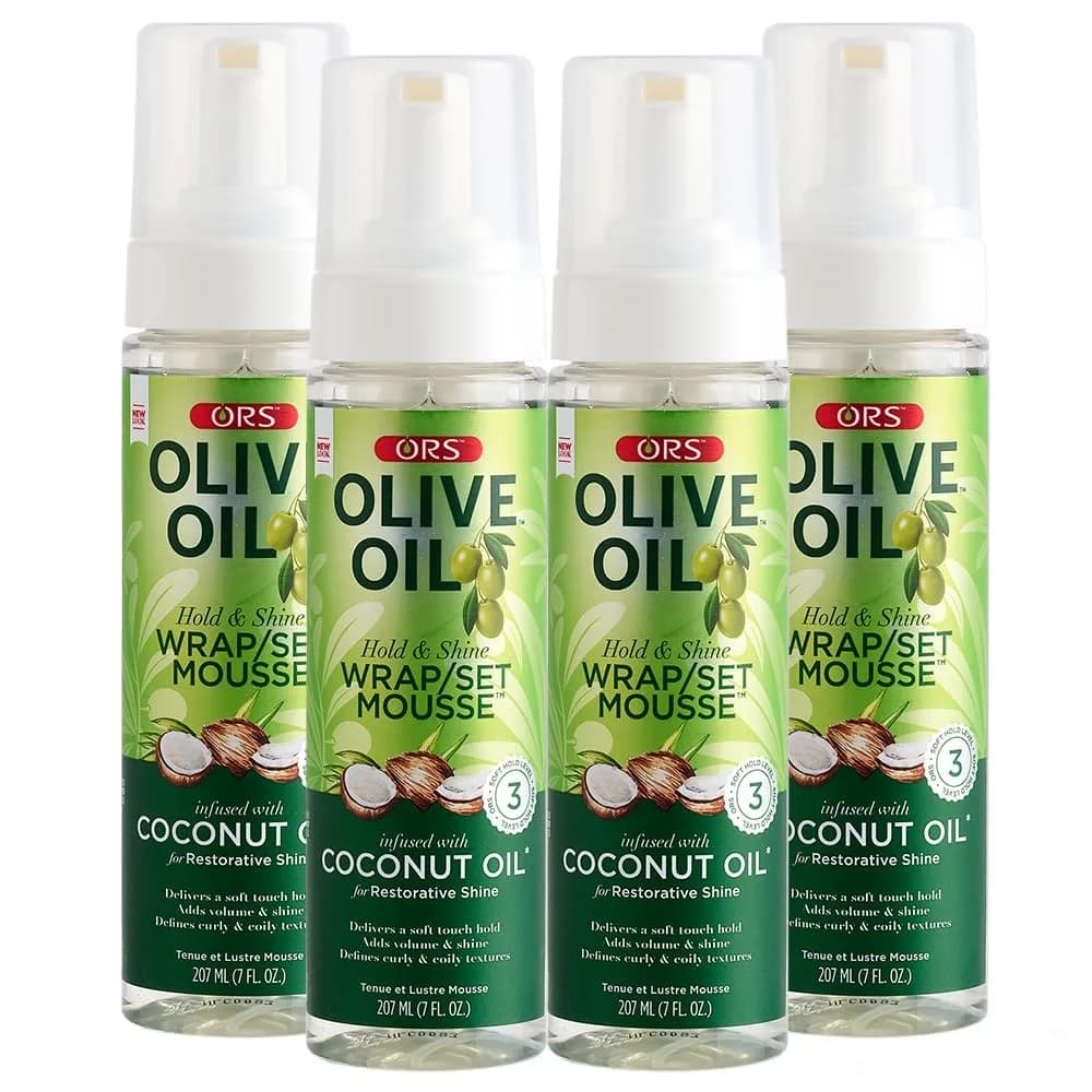 ORS Olive Oil Hold & Shine Wrap Set Mousse 7 oz (Pack of 4) | Coconut Infused for Restorative Shine