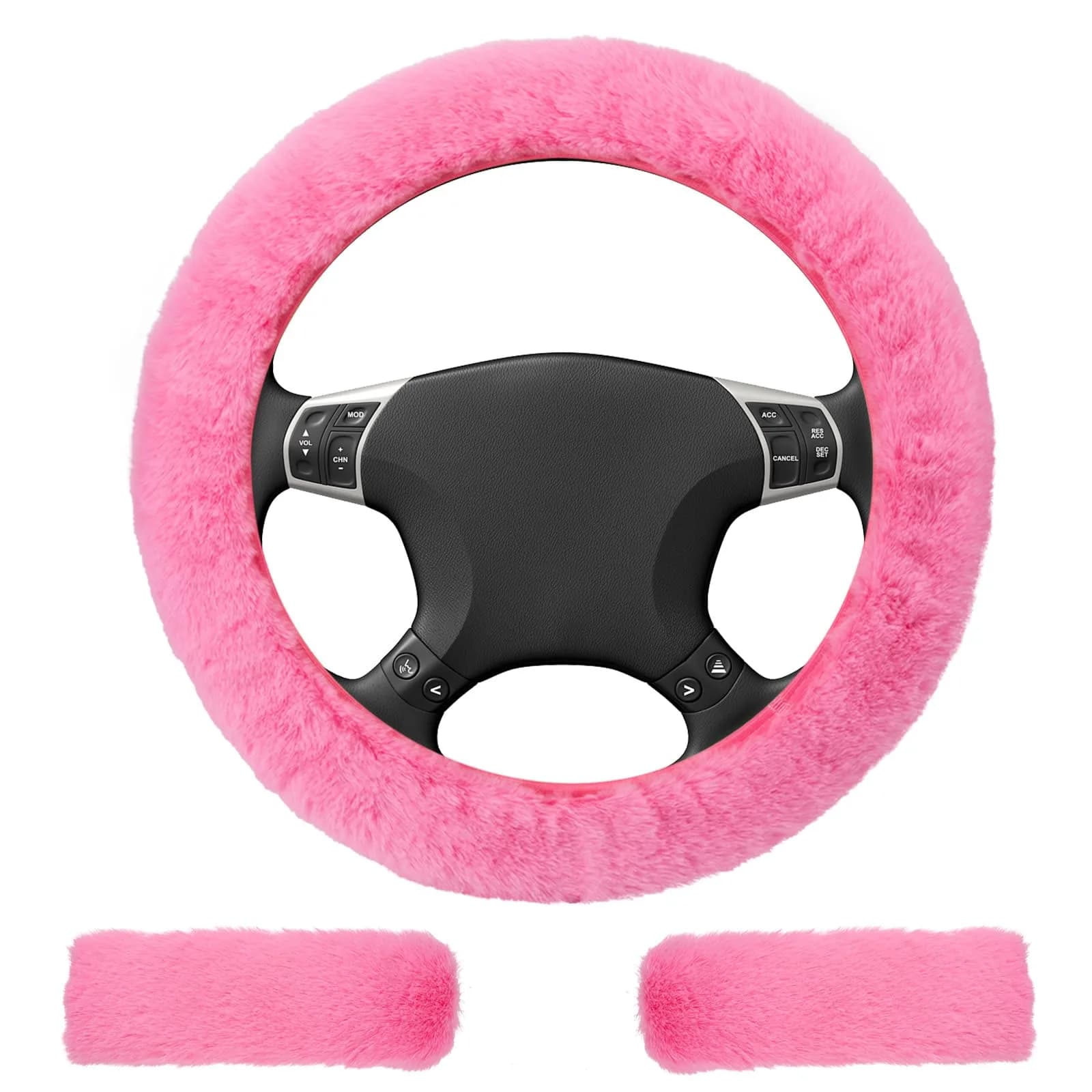 BFXM Fluffy Steering Wheel Cover Set with Seat Belt Pads, 15 inch Pink Faux Fur | Universal Fit for Cars SUVs Trucks