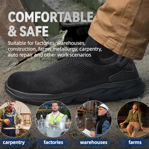 Furuian Slip On Steel Toe Safety Shoes for Men Lightweight Breathable Steel Toe Work Sneakers Comfortable Non Slip Safety Work Tennis Shoes for Men Black thumbnail 7