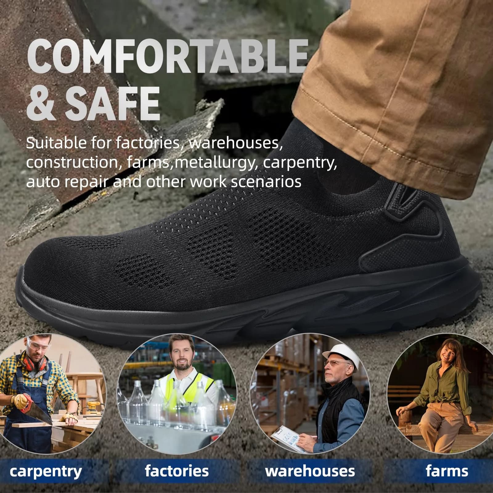 Furuian Slip On Steel Toe Safety Shoes for Men Lightweight Breathable Steel Toe Work Sneakers Comfortable Non Slip Safety Work Tennis Shoes for Men Black | Impact-Resistant Construction Footwear thumbnail 7