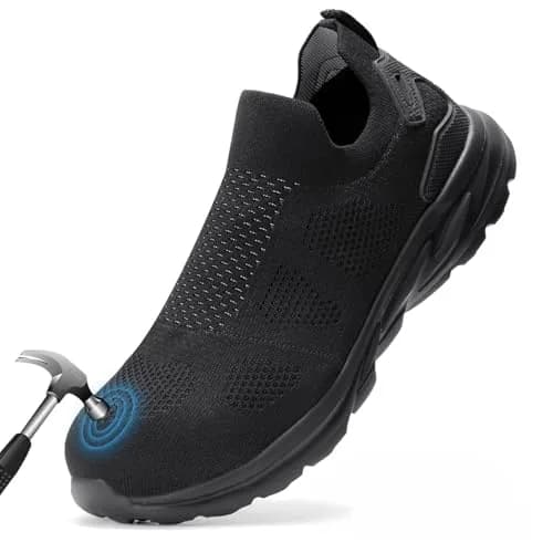 Furuian Slip On Steel Toe Safety Shoes for Men Lightweight Breathable Steel Toe Work Sneakers Comfortable Non Slip Safety Work Tennis Shoes for Men Black | Impact & Comfort thumbnail 1
