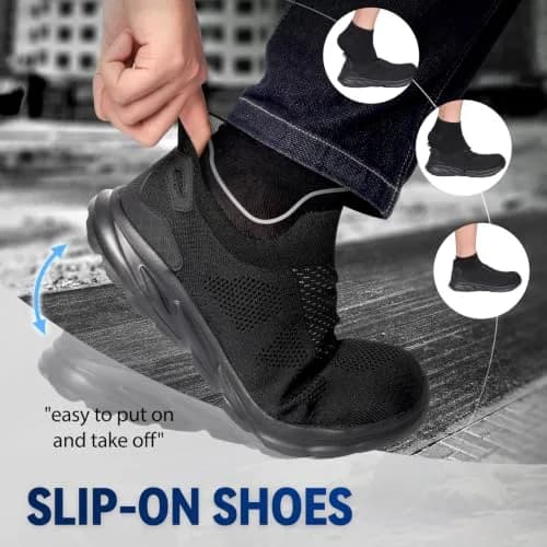 Furuian Slip On Steel Toe Safety Shoes for Men Lightweight Breathable Steel Toe Work Sneakers Comfortable Non Slip Safety Work Tennis Shoes for Men Black | Impact & Comfort thumbnail 5