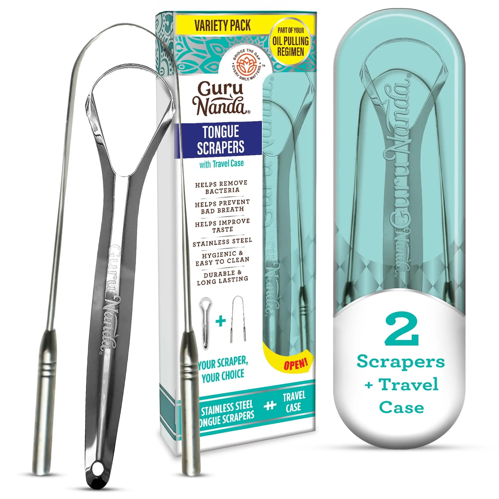 GuruNanda Stainless Steel Tongue & U-Shaped Scraper Pack (2 Pack) with Travel Case | Promotes Fresh Breath & Oral Hygiene - main product image