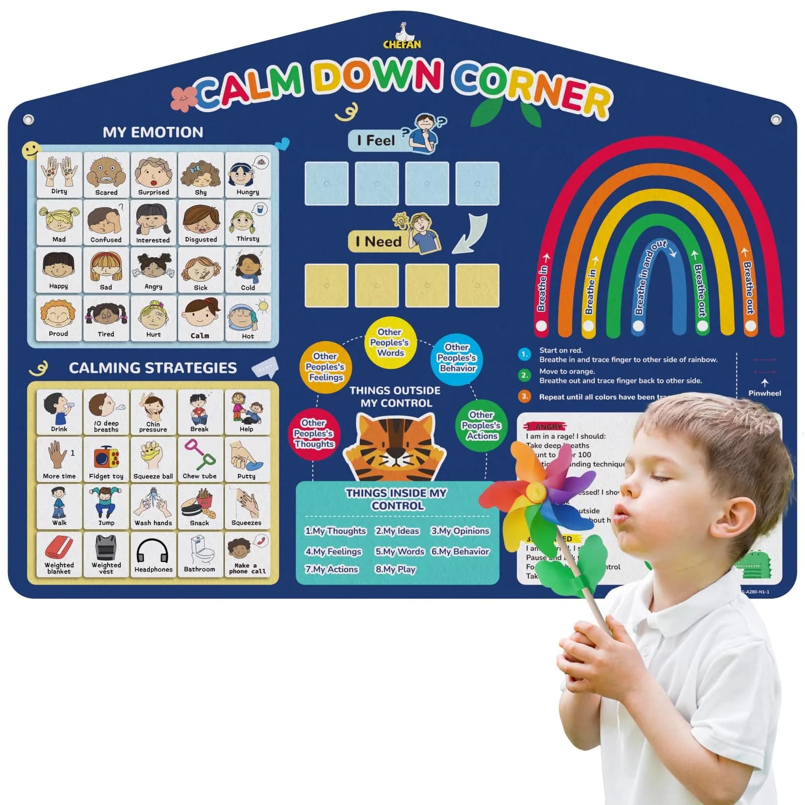CHEFAN Feelings Chart for Kids, Autism & SEL Classroom Tool | Visual Emotion & Needs Board — Pro