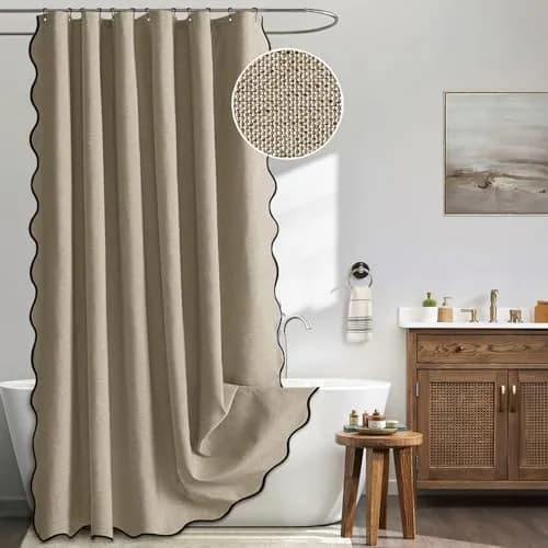 MIULEE 72"x84" Extra Long Scalloped Linen Shower Curtain Khaki | Waterproof & Elegant Bathroom Decor thumbnail 1