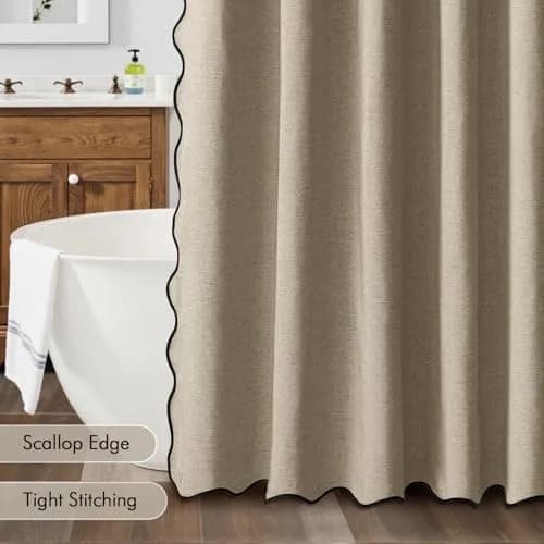 MIULEE 72"x84" Extra Long Scalloped Linen Shower Curtain Khaki | Waterproof & Elegant Bathroom Decor thumbnail 5