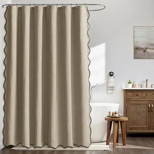 MIULEE 72"x84" Extra Long Scalloped Linen Shower Curtain Khaki | Waterproof & Elegant Bathroom Decor thumbnail 2