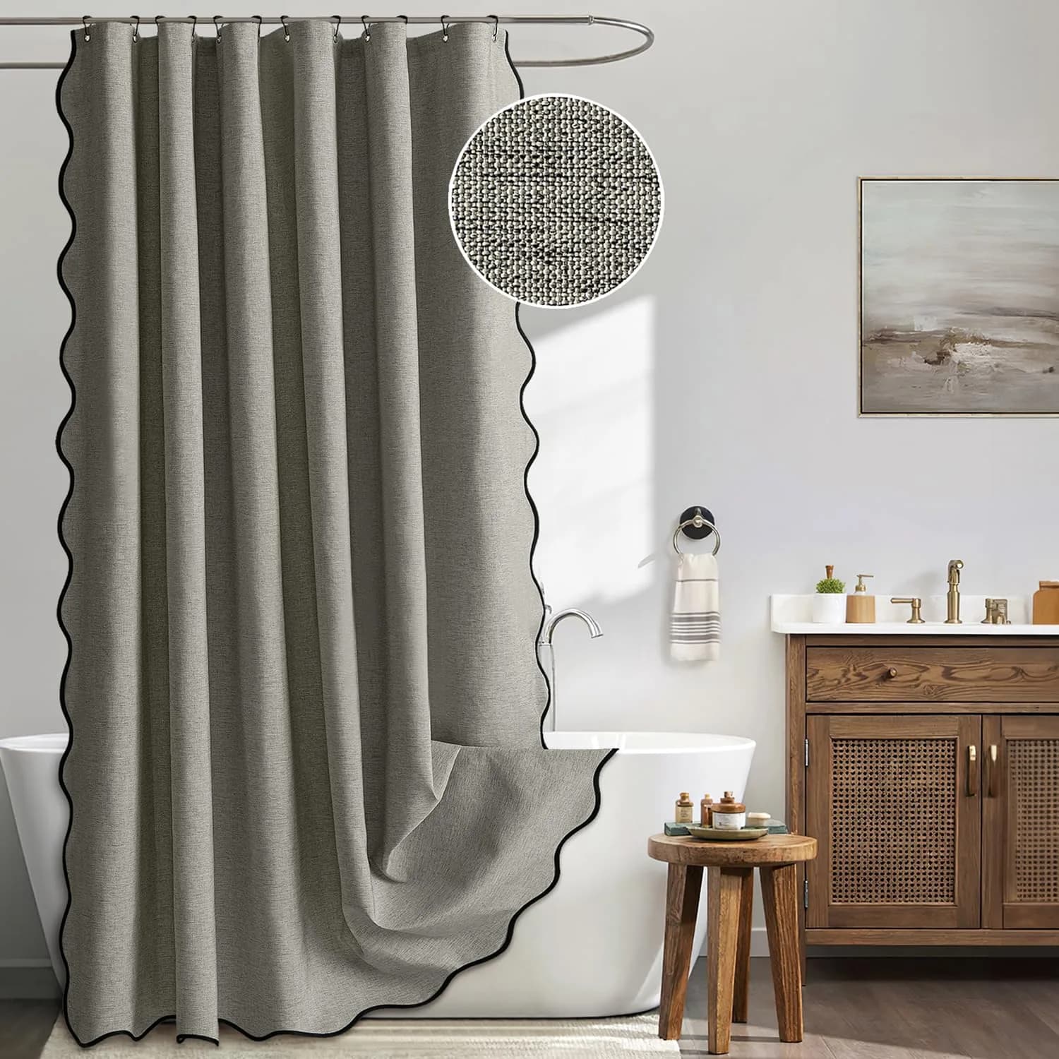 MIULEE 72"x84" Extra Long Scalloped Linen Shower Curtain Grey | Waterproof, Elegant Bathroom Decor - main product image