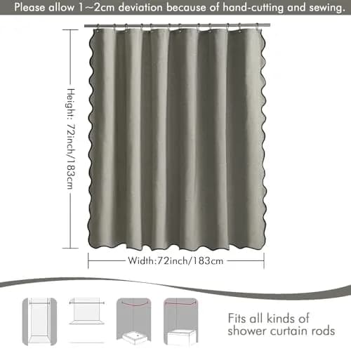 MIULEE Grey Scalloped Linen Shower Curtain 72x72 Inches | Waterproof & Elegant thumbnail 6