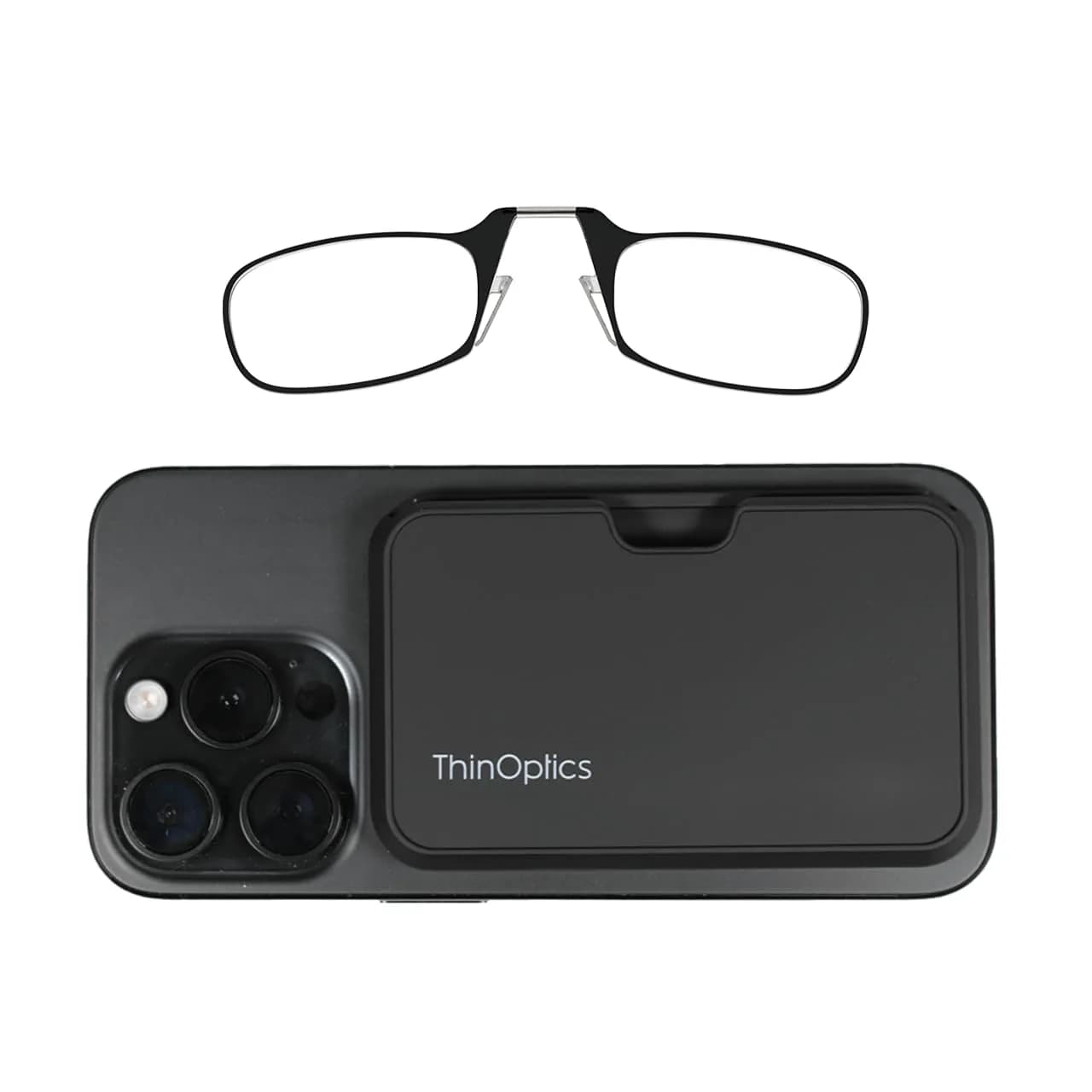 ThinOptics Readers with MagSafe Compatible Case - Armless On-Nose Reading Glasses 2.0x | Lightweight & Portable — Black Case / Black Glasses