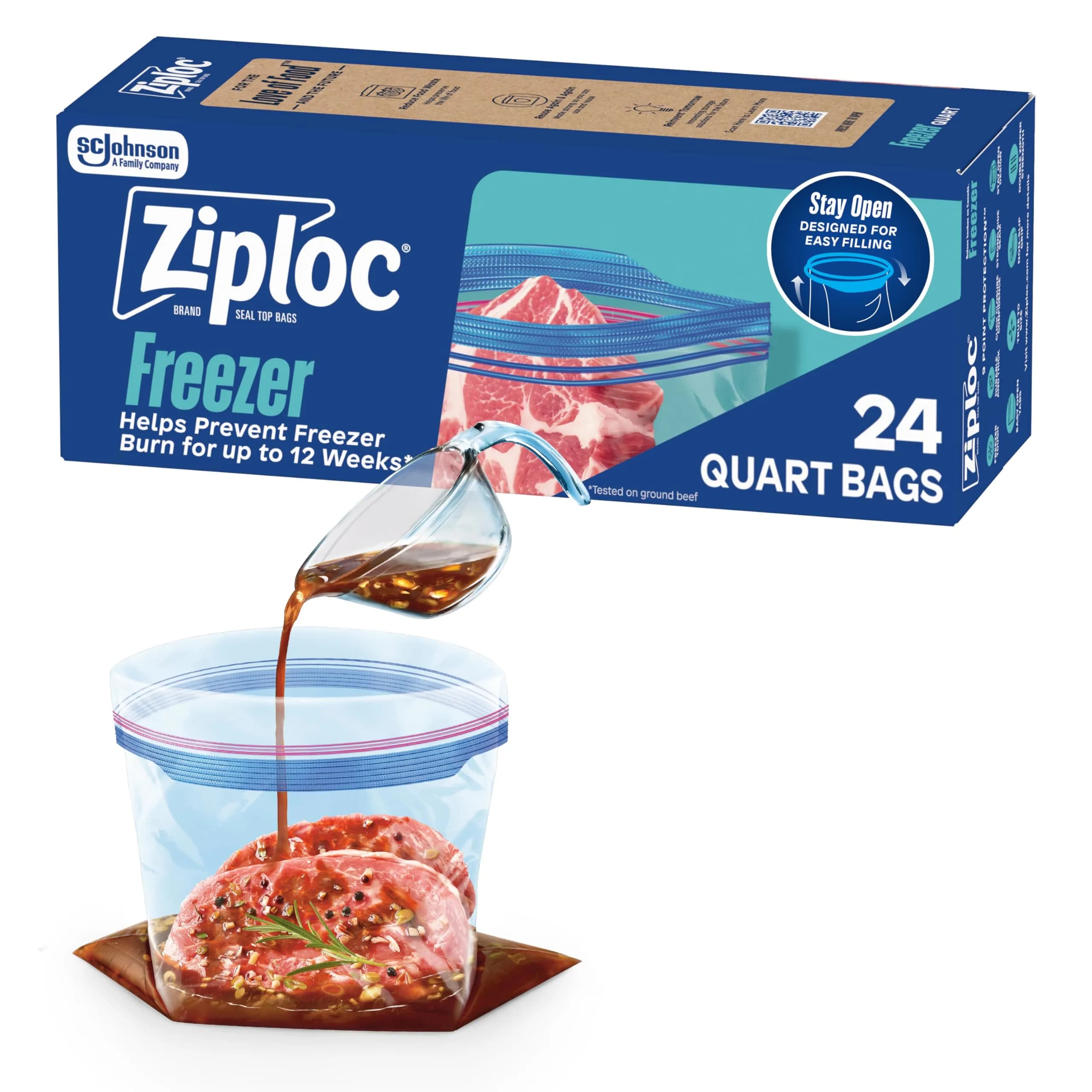 Ziploc Quart Food Storage Freezer Bags 24 Count | Stand-Up Bottom, Easy to Fill, Freezer Burn Protection - main product image