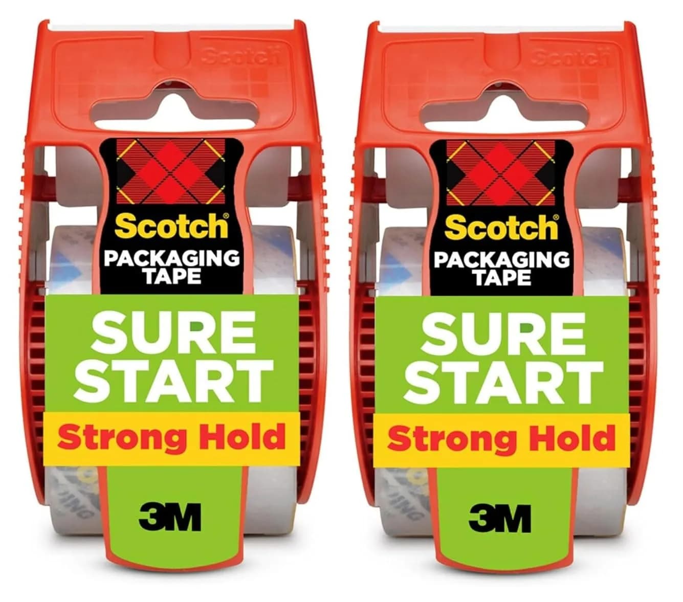 Scotch Sure Start Packing Tape Clear Quiet Unwind Easy Start 2 Rolls with Dispensers | Strong Hold for Moving Boxes - main product image
