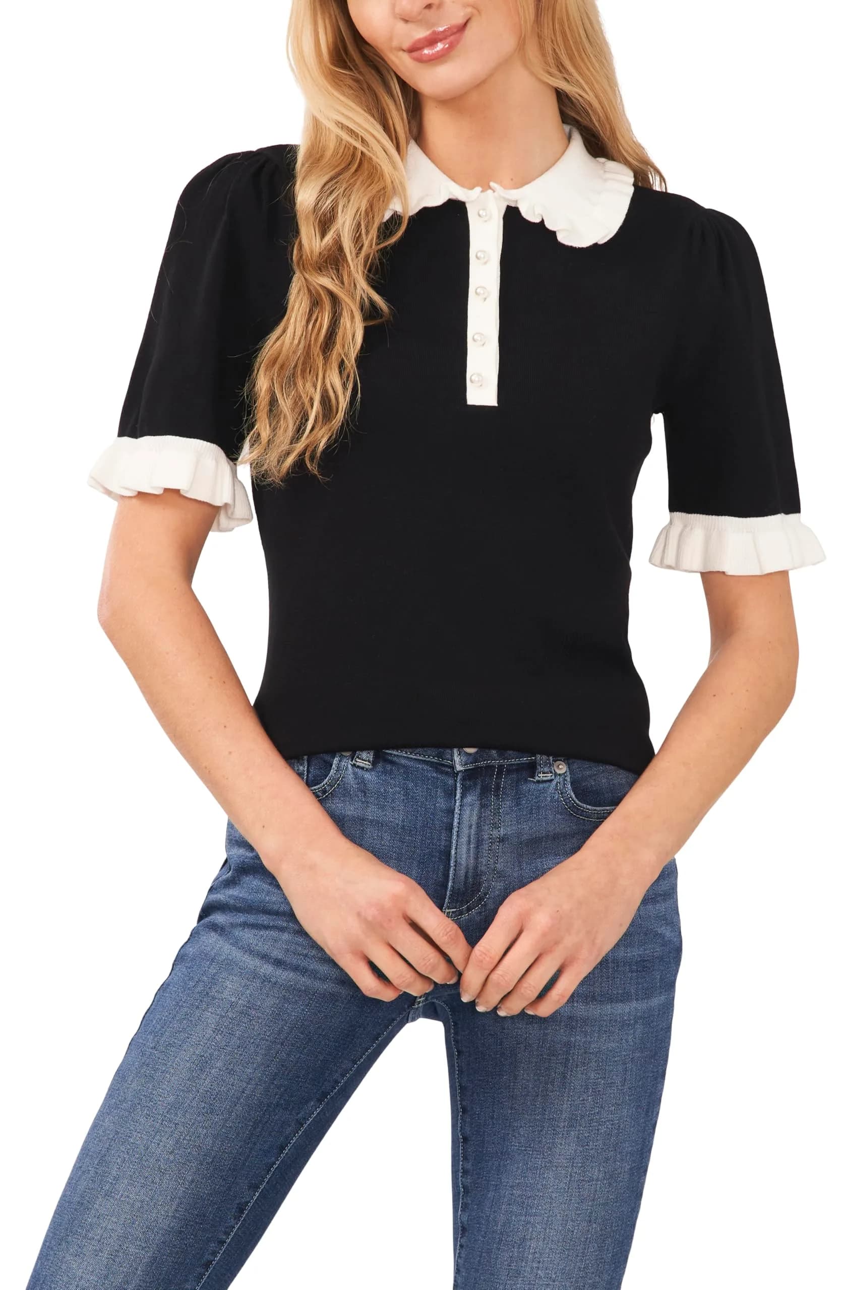 CeCe Short Sleeve Contrast Collar Polo Sweater Large Rich Black | Contemporary Fit — Rich Black