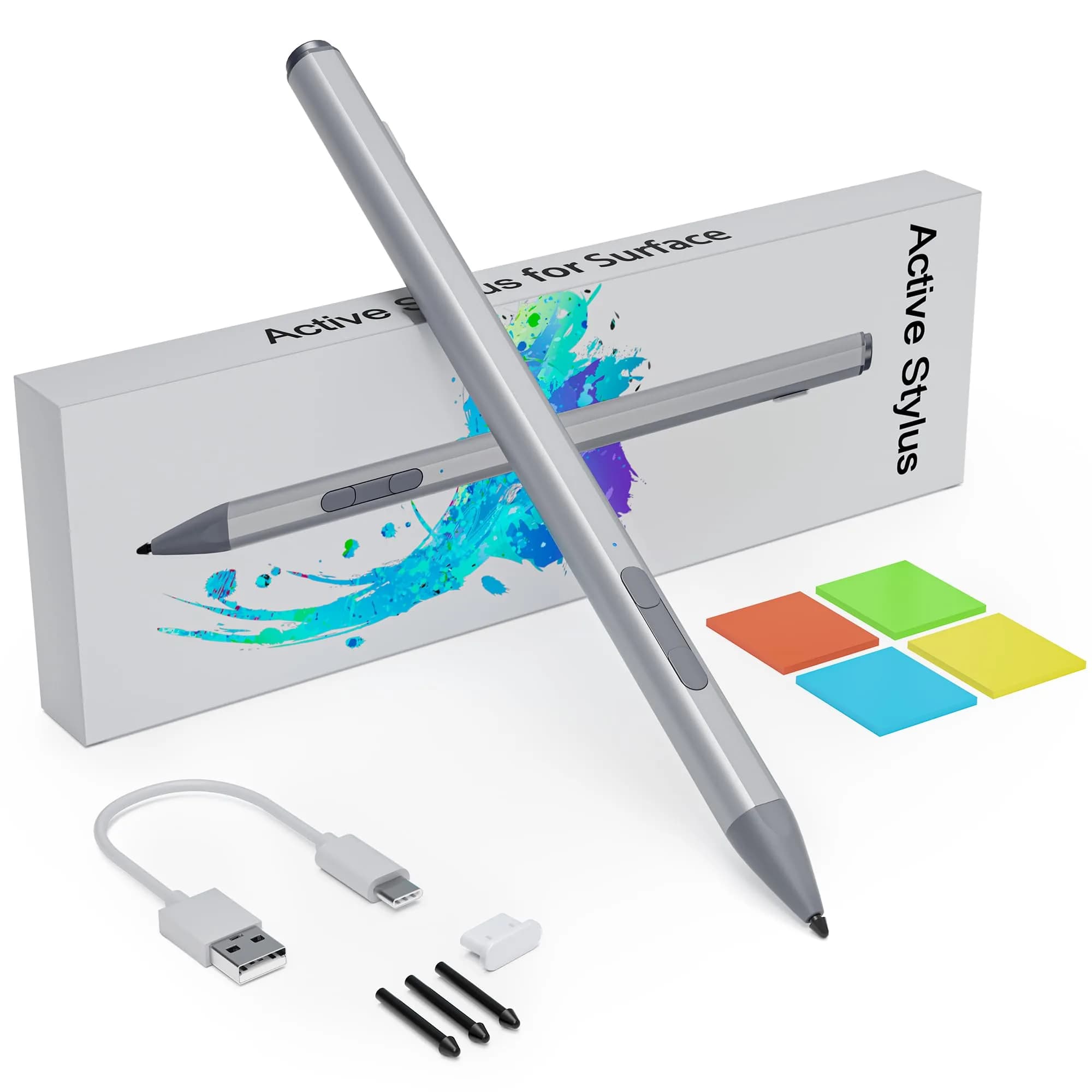 Arsandyn Surface Pen Stylus for Surface Pro 11/9/10/8/X/7/6/5/4/3, USB-C Fast Charge, 4096 Pressure Levels | Compatible with Surface Go/Laptop/Studio & Other Brands — Slivery