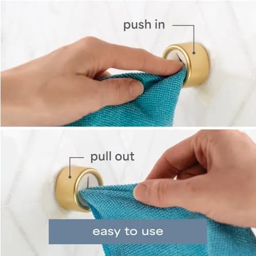 S&T INC. Adhesive Push Towel Hooks, 4 Pack, Brushed Gold | Modern Wall Mount for Kitchen & Bathroom thumbnail 3