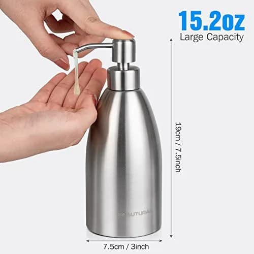 BEAUTURAL Matte Black Stainless Steel Soap Dispenser 447ml (15.2 Oz) | Rust-Proof Refillable Pump Bottle for Kitchen & Bathroom thumbnail 4