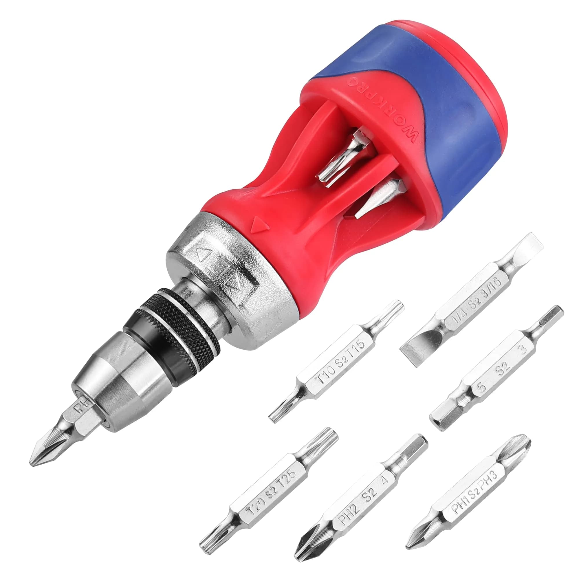 WORKPRO 12-in-1 Ratcheting Multi-Bit Screwdriver Set | Ergonomic Handle & Auto-Lock Bits for Home & DIY — Stubby