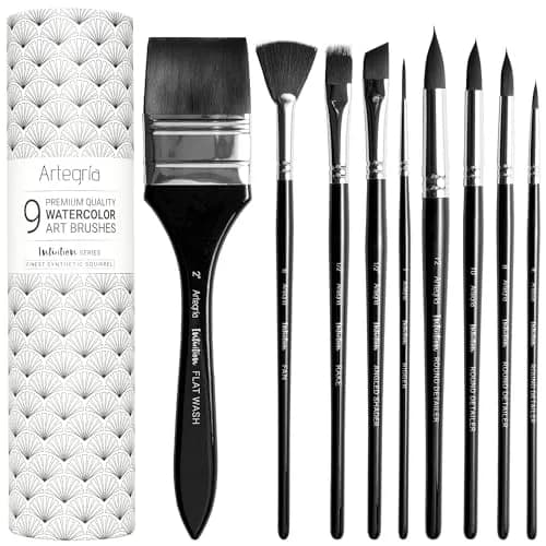 ARTEGRIA Watercolor Brush Set, 9 Synthetic Squirrel Brushes | Premium Water-Based Art Tools thumbnail 1