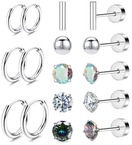GOGOEY Titanium Hypoallergenic Earrings for Sensitive Ears | 16-Piece Set (C-Silver) thumbnail 1