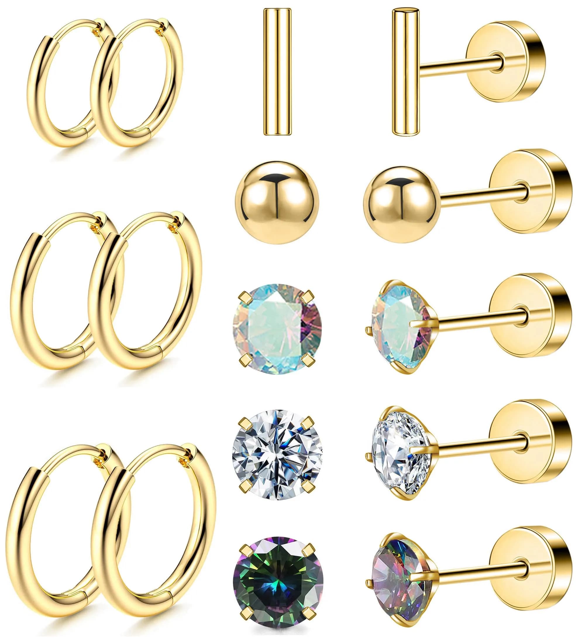 GOGOEY Hypoallergenic Titanium Earrings for Sensitive Ears, 8 Pairs (20G) | Flat Back Stud & Hoop Set