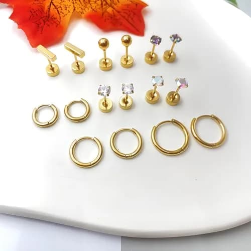GOGOEY Hypoallergenic Titanium Earrings for Sensitive Ears, 8 Pairs (20G) | Flat Back Stud & Hoop Set thumbnail 8