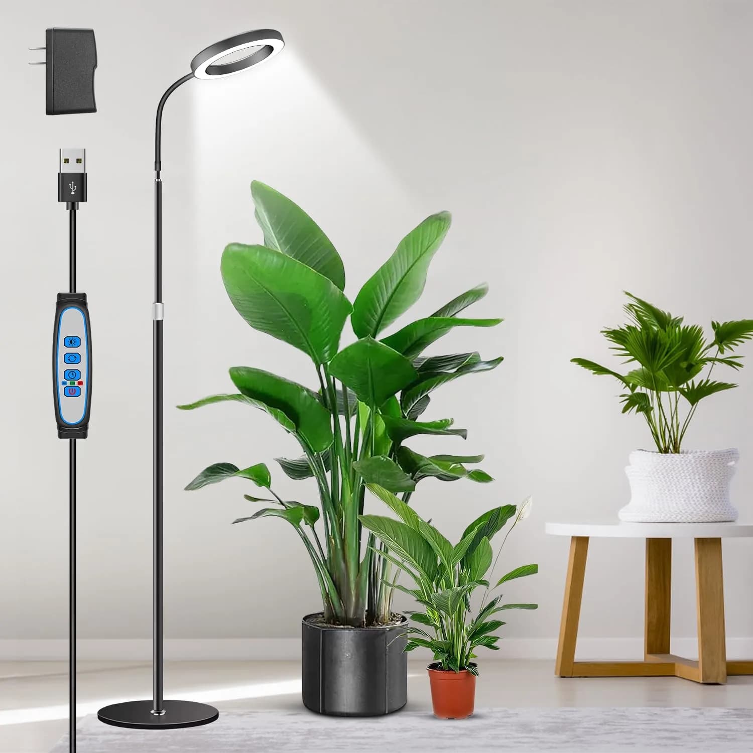 Aumtrly Full Spectrum LED Grow Light with 175cm (68") Stand & Dual Heads | 168 LEDs, 3 Color Modes, 5-Level Dimming, 16-Hour Timer — 1 head 68inch/black