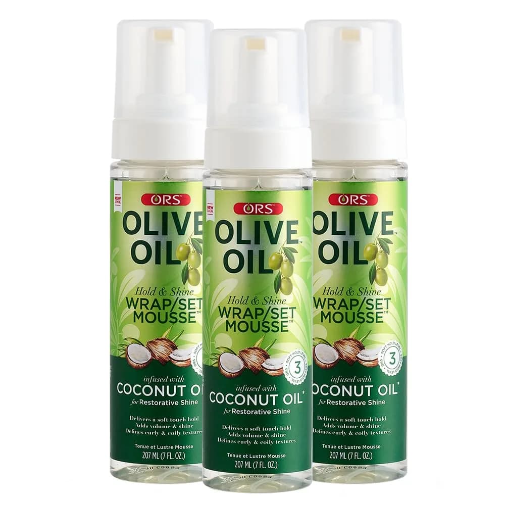 ORS Olive Oil Hold & Shine Wrap Set Mousse 7 oz | Coconut Oil Infused for Restorative Shine — Clear