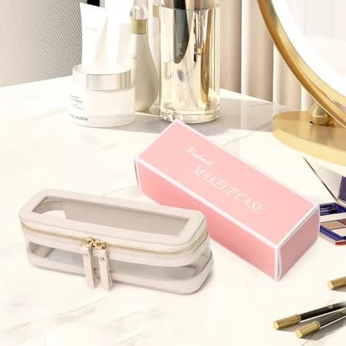 Pinkmik Slim Clear Makeup Brush Case Beige 21.5cm (8.46") | Waterproof Faux Leather Travel Cosmetic Bag thumbnail 6