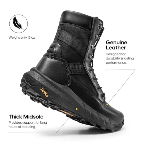 NORTIV 8 Men's Black Tactical Military Work Boots 8 Wide | Side Zipper Leather Lightweight Hiking Motorcycle Combat Boots 8 Inches Peakforce thumbnail 5
