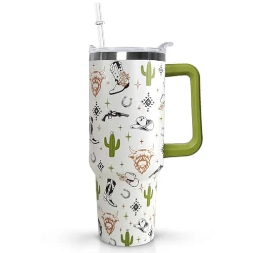 Ceovfoi 40 Oz Western Tumbler With Handle, Cow Skull Coffee Travel Mug Cup Water Bottle, 1183ml (40 Fl Oz) | Insulated Stainless Steel thumbnail 1