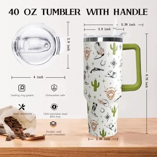 Ceovfoi 40 Oz Western Tumbler With Handle, Cow Skull Coffee Travel Mug Cup Water Bottle, 1183ml (40 Fl Oz) | Insulated Stainless Steel thumbnail 2