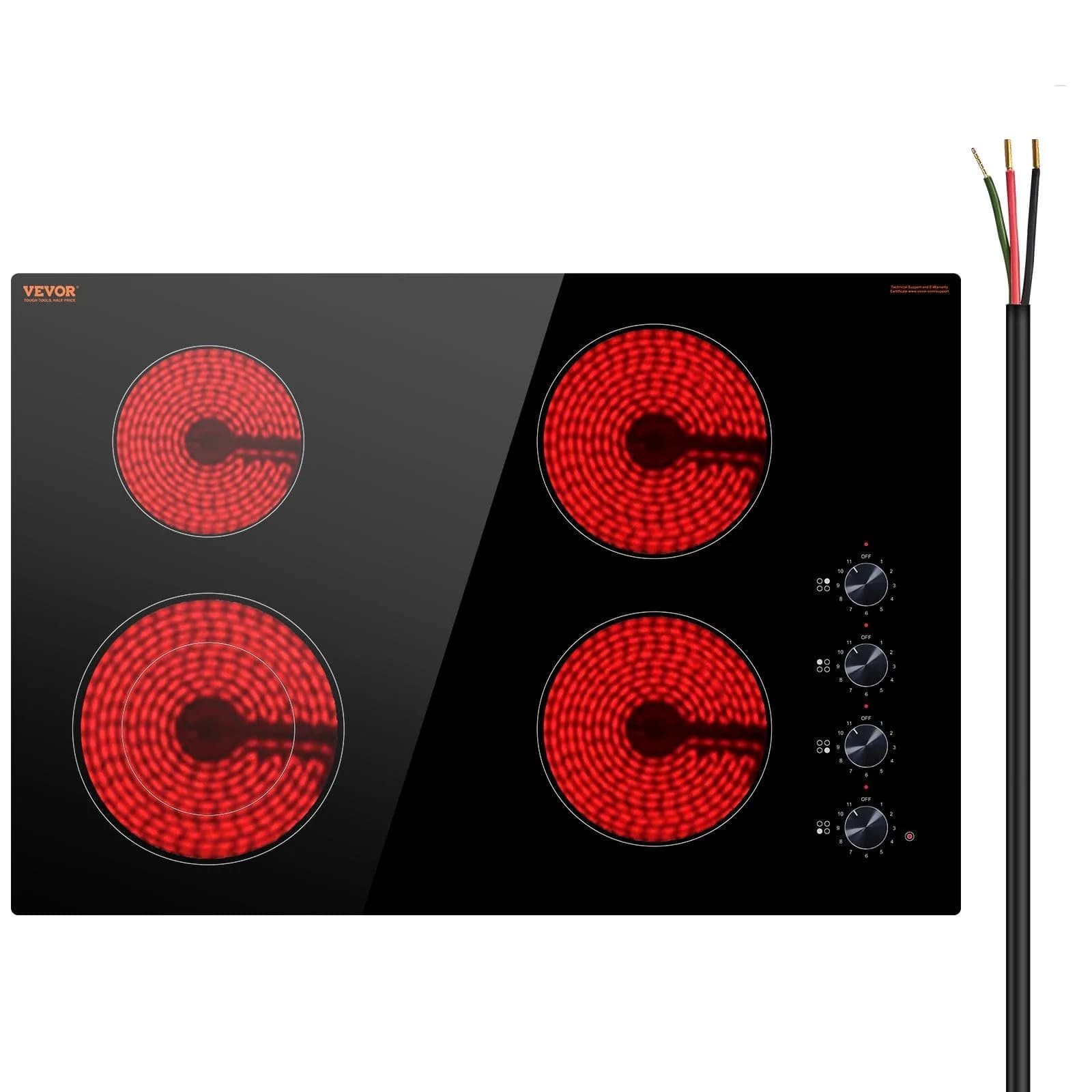 VEVOR Electric Ceramic Cooktop 30-inch 4 Burners 7200W 220V | Built-in Glass Panel with Knob Control
