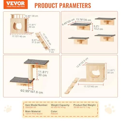VEVOR Wall Mounted Cat Shelves Set of 9 | Supports 40 lbs, Climbing & Resting thumbnail 7